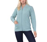 FAIRY TRENDZ Cardigan en tricot torsadé avec col zippé pour femme - Manches longues - 2 poches - Cardigan d'hiver chaud, Vert grisé, 36-38