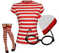 Fairy Trendz Ensemble 3 pièces pour homme et femme avec t-shirt à rayures rouges et blanches, T-shirt chapeau lunettes chaussettes femme, S