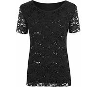 FAIRY TRENDZ LTD Haut à manches courtes pour femme en dentelle florale et sequins, Noir , 48