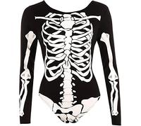 FAIRY TRENDZ Mini robe t-shirt moulante Halloween squelette pour femme, Body noir imprimé squelette, 36-38