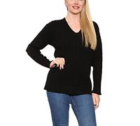 FAIRY TRENDZ Pull à manches longues en tricot torsadé pour femme avec col en V, Noir , 44/46