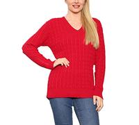 FAIRY TRENDZ Pull à manches longues en tricot torsadé pour femme avec col en V, Rouge, 48-50