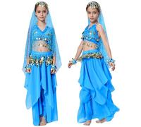 Fairycos Costume de danseuse du ventre pour enfant - Costume de génie du ventre - Jasmin - Costume de génie du ventre - Aladdin - 128, 134, 140, 146, 15 - Bleu glacier