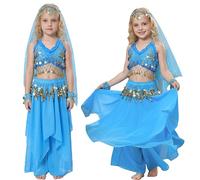 Fairycos Costume de danseuse du ventre pour fille 1001 nuit, costume oriental, danse du ventre, costume de carnaval pour enfant, 152 à 158 cm, bleu glacier