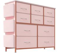 FairyLee Commode de Chambre à Coucher avec 10 Tiroirs, ARMOIR en Tissu avec Poches Latérales et Crochets, Commode Rose pour Couloirs, Salons, Chambres à Coucher, Cuisines et Bureaux