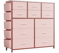 FairyLee Grande Commode Chambre, Meuble de Rangement Rose, Commode en Tissu,12 Tiroirs, 5 Sac de Rangement,2 Crochets, pour Salons, Chambres à Coucher, Style Scandinave 99x30x110cm