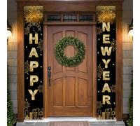 fairymaiden Lot de 2 Or Noir Decoration Nouvel An 2025, Banderole Bonne Année Noir Et Or, Deco Nouvel An Pour Bienvenue Porche Signe, Happy New Year 2025 Accessoire Nouvel An Banniere