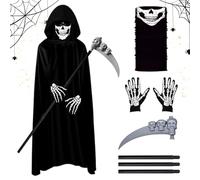 FairyPeach Costume Faucheuse Déguisement, carnaval Noir Costume Faucheur, Déguisement Halloween Grande Faucheuse, Décoration de Fête costumes de carnaval, avec Masque Crâne, Gants, Faux Amovible