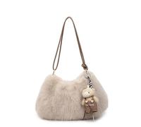 FAIRYSAN Sac à bandoulière en fausse fourrure beige clair pour femme - Sac tendance décontracté avec breloque ours en peluche