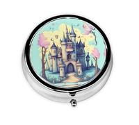 Fairytale Castle Mini pilulier rond, léger et portable, avec 3 inserts en plastique, convient pour le transport dans les poches ou les portefeuilles.