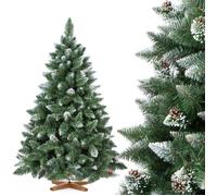 FairyTrees Sapin de Noël Artificiel 150cm | Arbre de Noël avec Support en Bois | PIN ENNEIGÉ Blanc Naturel | Made in EU