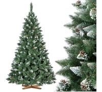 FairyTrees Sapin de Noël Artificiel 220cm | Arbre de Noël avec Support en Bois | PIN ENNEIGÉ Blanc Naturel | Made in EU