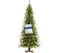 FairyTrees Sapin de Noël Artificiel 220cm NORDMANN SLIM | Arbre de Noël avec Support en Bois | Sapin avec Tronc Marron | Made in EU