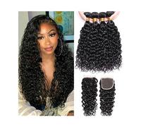 Faisceaux de cheveux 12A Indien Wave Water Bundles avec Fermeture Ondulés Bouclés Cheveux Humains Remy Armure 3 Frontale 13X4(4" x 4",14 14 14 Closure 12)