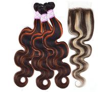 Faisceaux de cheveux Body Wave Orange Tissage de Cheveux Humains 3 Bundles avec Fermeture et Frontal Highlight Blonde Lace Remy Human Hair(13" x 4",26 26 26 and20)