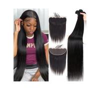 Faisceaux de cheveux humains Faisceaux de cheveux humains avec avant noir naturel 3 faisceaux de cheveux raides brésiliens Remy Extensions sans pièces 13x4 dentelle frontale suisse(26 26 26 Closure20)