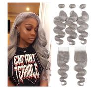 Faisceaux de cheveux humains Paquet de vague de corps avec fermeture couleur gris argent 3 paquets avec fermeture gris brésilien Remy 100% paquets de cheveux humains Faisceaux de tissage de cheveux(14