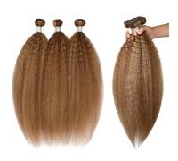Faisceaux de cheveux Lot de 3 ou 4 mèches cheveux crépus raides 10 à 30 pouces, humains Yaki brun miel P4/27, extension Remy(10 12 14)