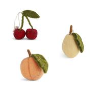Fait à la main et certifié commerce équitable - Gry & Sif - Design danois élégant x artisan népalais - Pendentif - Fruits en feutre pour décoration de salon - Cerise, citron, pêche - Lot de 3