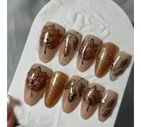 Fait à la main Faux Ongles Court MouyouGlow,Amande Gold Peint à la main Feuille d'érable Bling Resuable Press on Nails avec Gel Pad,Handmade Fake Nails 10Pcs（#15-M Taille）