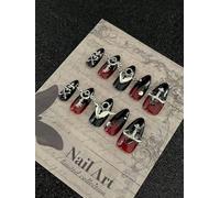 Fait à la main Faux Ongles Court MouyouGlow,Amande Rouge Ombré Noir 3D Serrure d'amour Heart Strass Charms Chrome Y2K Heavy Metal Resuable Press on Nails,Handmade Fake Nails,10Pcs 213-M