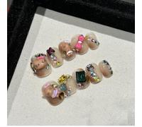 Fait à la main Faux Ongles Court MouyouGlow,Carré Rond Kawaii Cute Nude 3D Kitty Bow Noeud Papillon Glitzerstein Étoiles Strass Y2K Coquette Resuable Press on Nails,Handmade Fake Nails,10Pcs 551-M