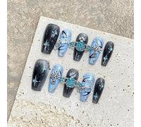 Fait à la main Faux Ongles Long MouyouGlow,Ballerina Bleu 3D Étoile Planètes Papillon Cross Charms Chrome Cat Eye Magnetic Crystal Y2K Resuable Press on Nails,Handmade Fake Nails,10Pcs(97-XS Taille）