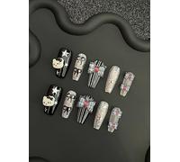 Fait à la main Faux Ongles Long MouyouGlow,Ballerina Kawaii Cute Noir 3D Kitty Rose Carton Bow Paillettes Y2K Coquette Resuable Press on Nails avec Gel Pad,Handmade Fake Nails 10Pcs（#58-M Taille）