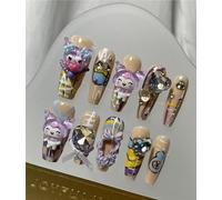 Fait à la main Faux Ongles Long MouyouGlow,Ballerina Kawaii Cute Violet 3D Kuro mi Kitty Cœur Carton Bow Y2K Coquette Resuable Press on Nails avec Gel Pad,Handmade Fake Nails 10Pcs（#56-M Taille）