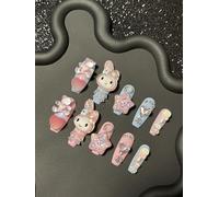 Fait à la main Faux Ongles Long MouyouGlow,Ballerina Kawaii Rose 3D Cute MyMe lody Kitty Carton Ours Bow Y2K Coquette Resuable Press on Nails avec Gel Pad,Handmade Fake Nails 10Pcs XS