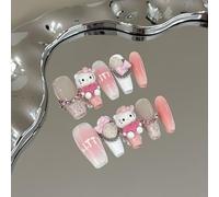 Fait à la main Faux Ongles Long MouyouGlow,Ballerine Cute Kawaii Rose 3D Kitty Carton Bow Diamant Y2K Coquette Resuable Press on Nails avec Gel Pad,Handmade Fake Nails 10Pcs S