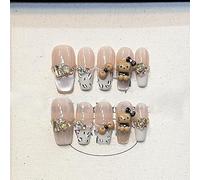 Fait à la main Faux Ongles Long MouyouGlow,Ballerine Cute Léopard French 3D Kitty Bow Crystal Cat Eye Magnetic Y2K Resuable Resuable Press on Nails avec Gel Pad,Handmade Fake Nails 10Pcs,164-XS