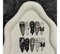 Fait à la main Faux Ongles Long MouyouGlow,Stiletto Noir 3D Crystal Cross Charms Bow Noeud Papillon Black Étoiles Hot Chick Y2K Resuable Press on Nails,Handmade Fake Nails,10Pcs 404-S