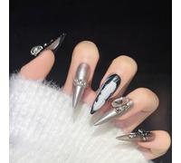 Fait à la main portant une armure, paillettes argentées, manucure épicée, forme d'ongles à longue pointe européenne et américaine (couleur : reine, taille : XS)