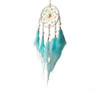 Fait à la main pour pendentif attrape-rêves, perles colorées en maille avec plumes naturelles, décoration murale extérieure pour maison, jardin, cour (bleu)