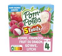 Faites le plein de saveurs exotiques sans sucres ajoutés avec POM'POTES Compote 5 fruits roses, format pratique de 4 gourdes de 90g - Lot de 4