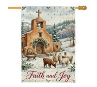 Faith And Joy Drapeau de maison de Noël avec citation lama 71 x 101 cm | Scène d'église enneigée, drapeau de cour, architecture du sud-ouest, baies de houx, scène religieuse, citation inspirante