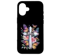 Faith Cross Butterflies Floral Religious Christ Flowers Coque pour iPhone 16