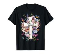 Faith Cross Butterflies Floral Religious Christ Flowers T-Shirt