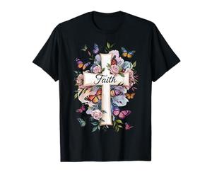 Faith Cross Butterflies Floral Religious Christ Flowers T-Shirt