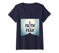 Faith Over Fear Religious Inspirational Vêtements pour Homme T-Shirt avec Col en V, Femme, Bleu Marine, S