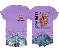 Faith Print T-Shirt Casual Confort Col Rond Manches Courtes Femme Top Trust in The Lord with All Your Heart Shirt, Violet clair-V, M