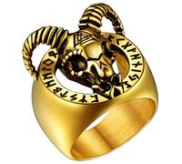 FaithHeart Bague Homme Crâne Chèvre Rune Satanique Plaqué Or Acier Inoxydable Taille 59 Chevalière Tête de Mort Chèvre Bijoux Gothique