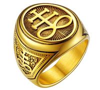 FaithHeart Bague Léviathan de Croix Homme Plaqué Or Chevalière Sceau de Leviathan Satanique Acier Inoxydable Taille 54 Bijoux Satan Gothique Biker Vintage Cadeau pour Fan de Rock Femme Ado Garçon