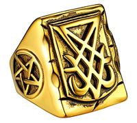 FaithHeart Bague Sigil de Lucifer Satanique Homme Plaqué Or Acier Inoxydable Taille 66.5 Bague Pentagramme Satanique Cadeau pour Fan de Rock Femme Ado Garçon