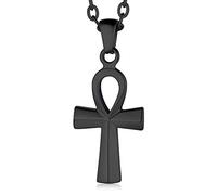 FaithHeart Bijoux Egyptien Collier Croix Ankh Noir Homme Pendentif Chretienne Egypte Croix de Vie Acier Inoxydable avec Chaine 55cm