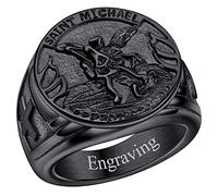 FaithHeart Chevalière Homme Noir Bague Prénom Personnalisé Acier Inoxydable,Bijoux Religieux Saint Michel Retro Vintage Taille 61,Cadeau Anniversaire pour Hommes Garçons