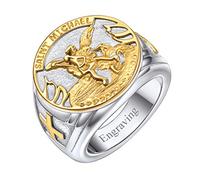 FaithHeart Chevalière Homme Personnalisable,Bague Prénom Personnalisé Acier Inoxydable,Bijoux Religieux Saint Michel Retro Vintage Taille 61,Cadeau Anniversaire pour Hommes Garçons