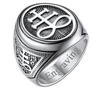 FaithHeart Chevalière Satanique Homme Personnalisable,Bague Sigil de Lucifer/Croix de Léviathan,Acier Inoxydable/Or/Noir,Taille 54-72,Bijoux Gothique Satan Biker (Boîte Cadeau)