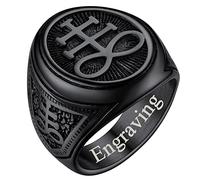 FaithHeart Chevalière Sceau de Leviathan Satan Prénom Personnalisé Noir 61.5 Bague Satan Nom de Gravure Gothique Biker Vintage
